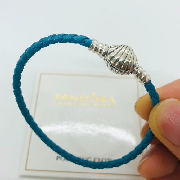 🌞📖Pandora Moments Seashell Clasp Turquoise Braided Leather Bracelet - Picture 3 of 5
